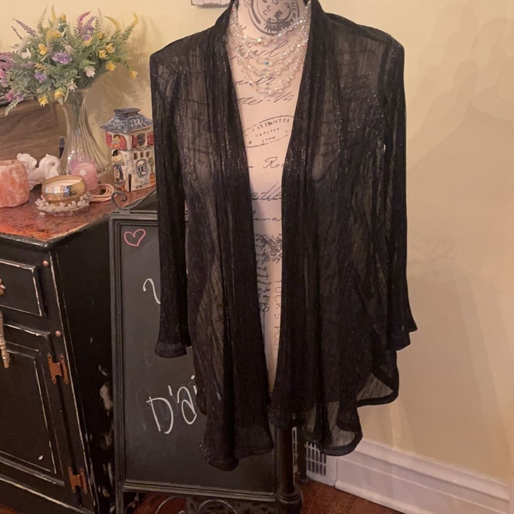 NWT Onyx Black Glitter Holiday Sheer Open Shrug Cardigan Sz M